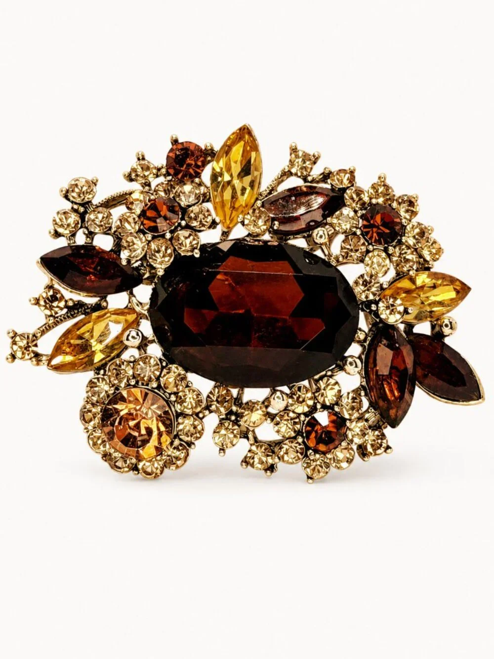 Ornate Amber & Smoky Brown Rhinestone Brooch/Pendant